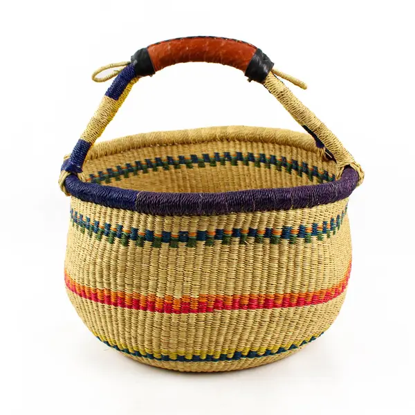 Handwoven Multicolor African Bolga Basket 14" Leather Handle