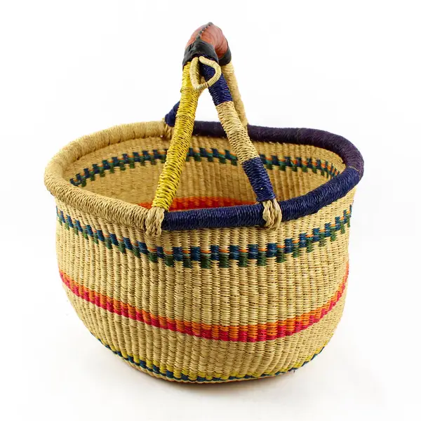 Handwoven Multicolor African Bolga Basket 14" Leather Handle
