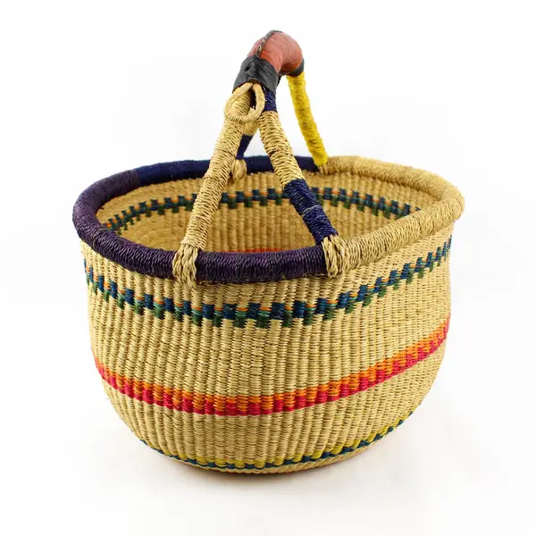 Handwoven Multicolor African Bolga Basket 14" Leather Handle