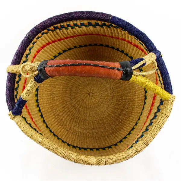 Handwoven Multicolor African Bolga Basket 14" Leather Handle