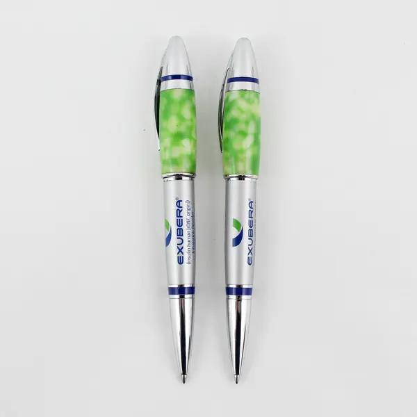 Lot of 2 Exubera Silver and Green Pharmaceutical Rep Pen Advertising