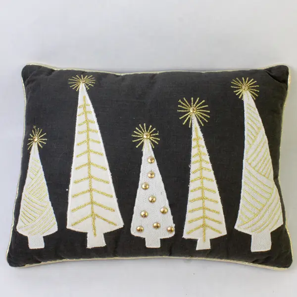 Pier 1  Embellished Christmas Holiday Lumbar Throw Pillow Trees Gray Gold