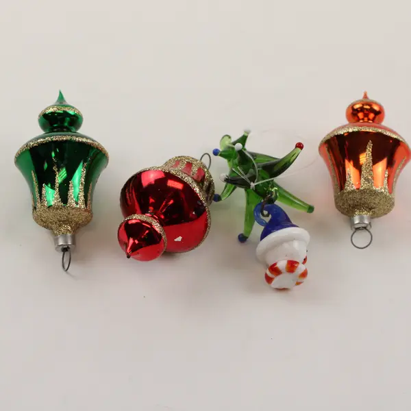 Lot of 4 Glass Christmas Ornaments Hand-Blown Tree Snowman Red Green Orange