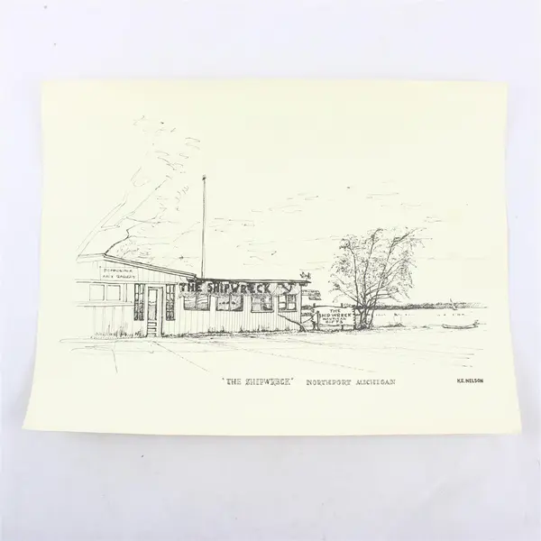 Vintage Northport Michigan The Shipwreck K.E. Nelson Drawing Unframed Art Print