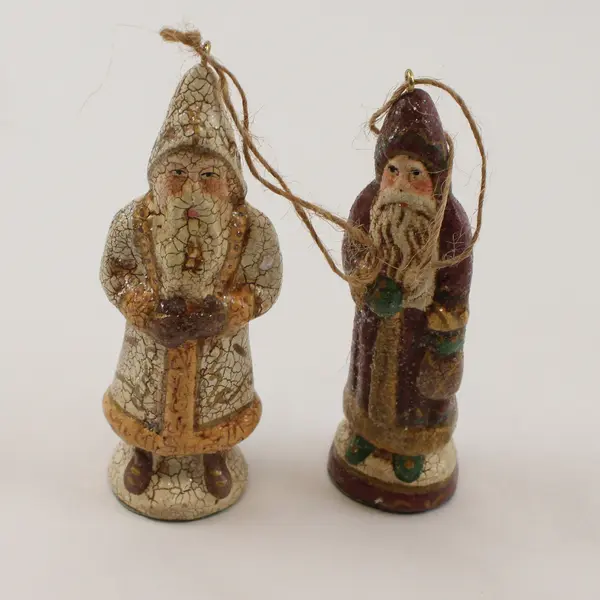 Lot of 2 Vintage-Style Crackle Paint Folk Art Santa Ornaments