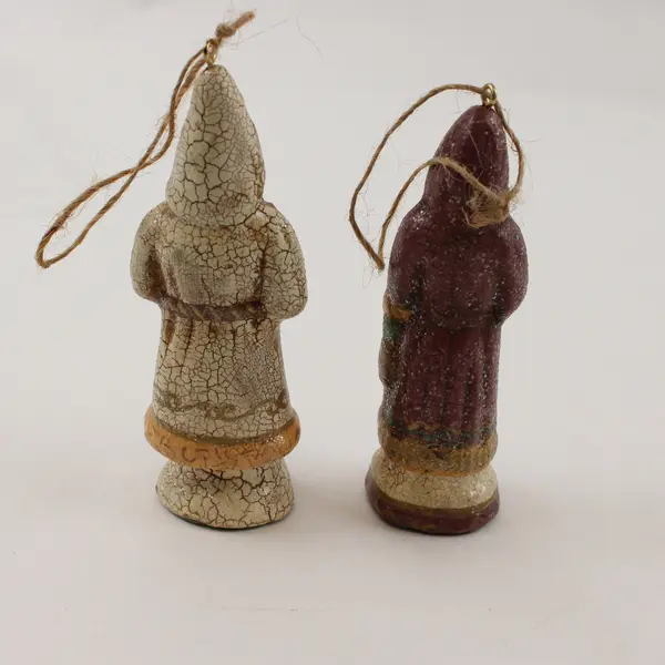 Lot of 2 Vintage-Style Crackle Paint Folk Art Santa Ornaments