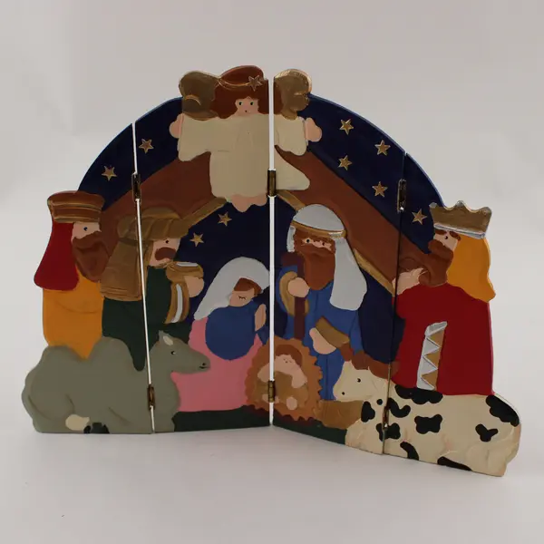 Wooden Nativity Tri-Fold Display Panel Handcrafted Rustic