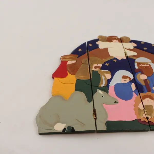 Wooden Nativity Tri-Fold Display Panel Handcrafted Rustic