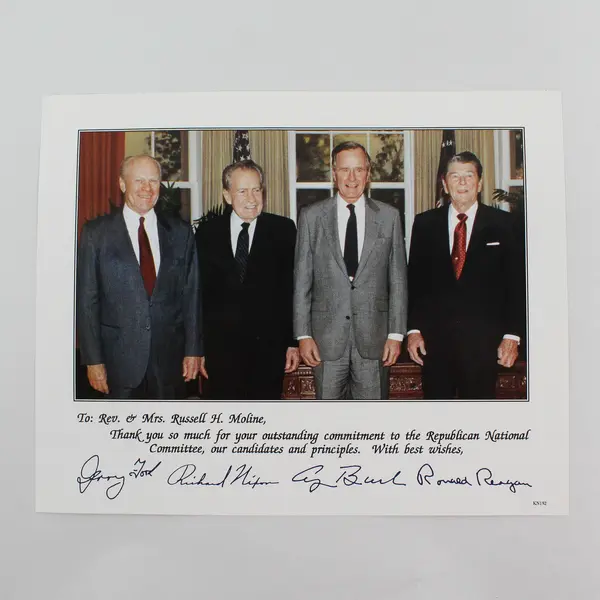 Four Presidents Ford Nixon H.W. Bush Reagan Facsimile Autographs 8X10 Photo RNC