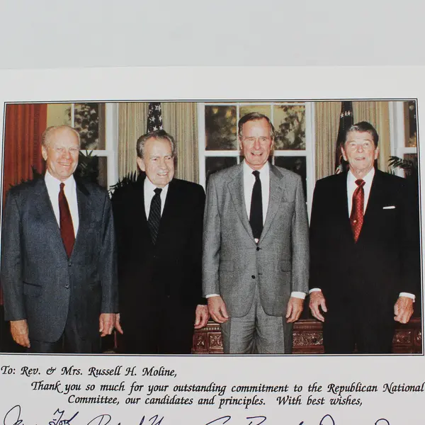 Four Presidents Ford Nixon H.W. Bush Reagan Facsimile Autographs 8X10 Photo RNC