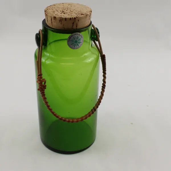Taka Hashi Hand Blown Glass Green Decorative Bottle Vase With Handle & Lid 9.5"