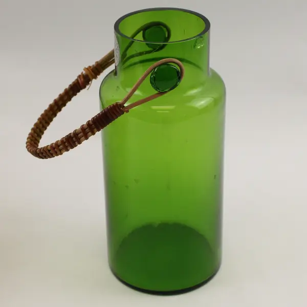 Taka Hashi Hand Blown Glass Green Decorative Bottle Vase With Handle & Lid 9.5"