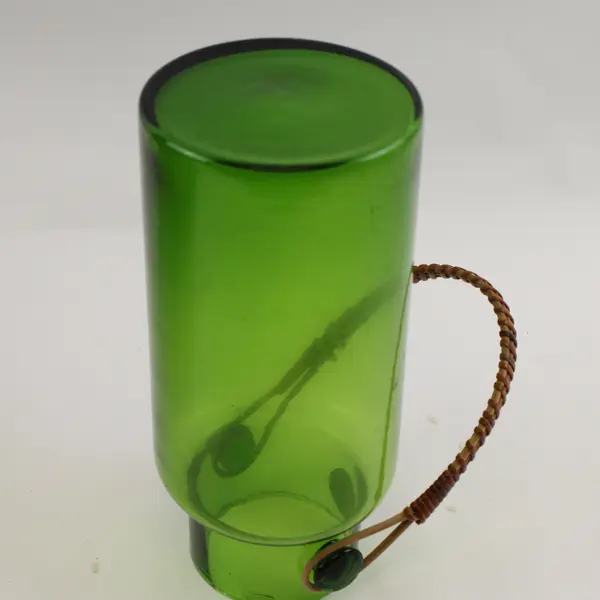 Taka Hashi Hand Blown Glass Green Decorative Bottle Vase With Handle & Lid 9.5"