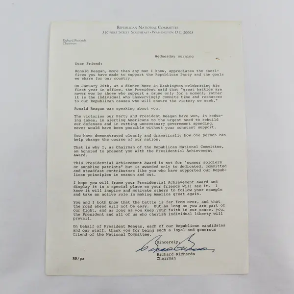 1982 Republican National Committee Donor Letter Richard Richards Signature 