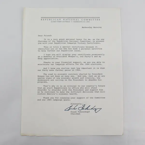 1983 Republican National Committee Donor Letter Frank Fahrenkopf Signature 