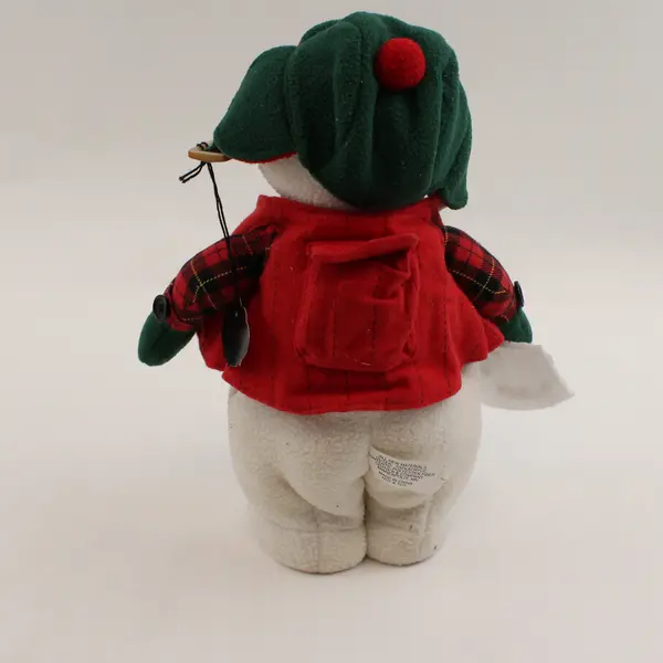 Vintage Talking Snowman Plush Red Plaid Vest Green Hat Earflaps Collectible