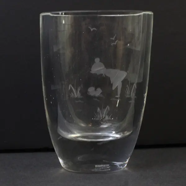 Vintage Al Arnits Signed Swedish Etched Crystal Clear Glass Bud Vase 4" Tall