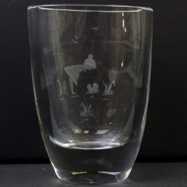 Vintage Al Arnits Signed Swedish Etched Crystal Clear Glass Bud Vase 4" Tall