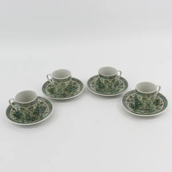 Set of 4 Geometric  Pattern Demitasse Cup And Saucer Sets Green Black Gold White