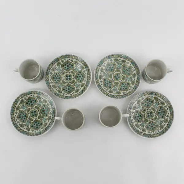 Set of 4 Geometric  Pattern Demitasse Cup And Saucer Sets Green Black Gold White