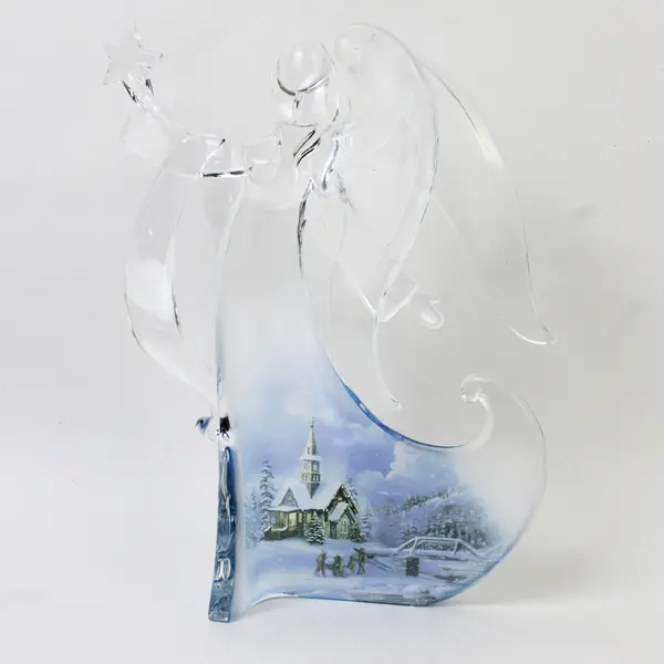 Clear Plastic Angel Figurine w/ Snowy Church Scene Holiday Decor Collectible