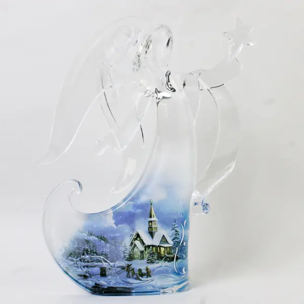 Clear Plastic Angel Figurine w/ Snowy Church Scene Holiday Decor Collectible
