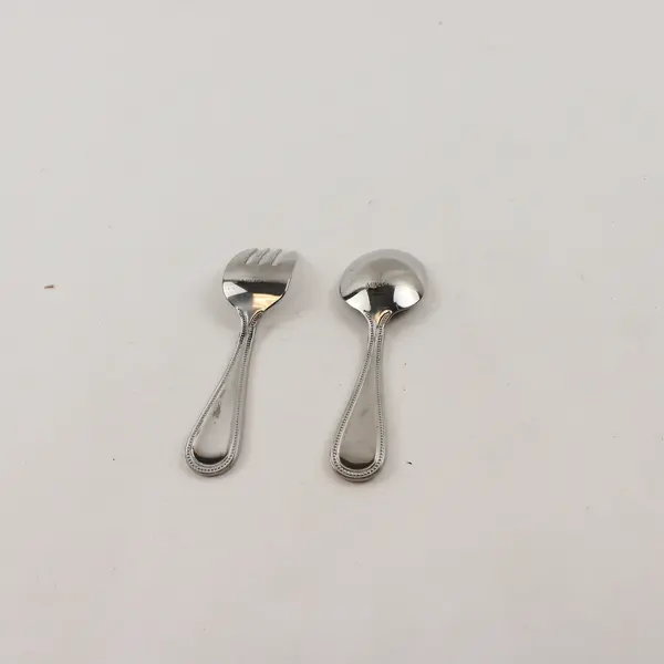 Lot of 2 Mikasa Beaded Pattern SS Baby Fork & Baby Spoon Rare HTF Items 4.5" 