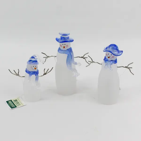 3 Piece Midwest of Cannon Falls Frosted Glass Snowman Family Blue Hats  Scarves