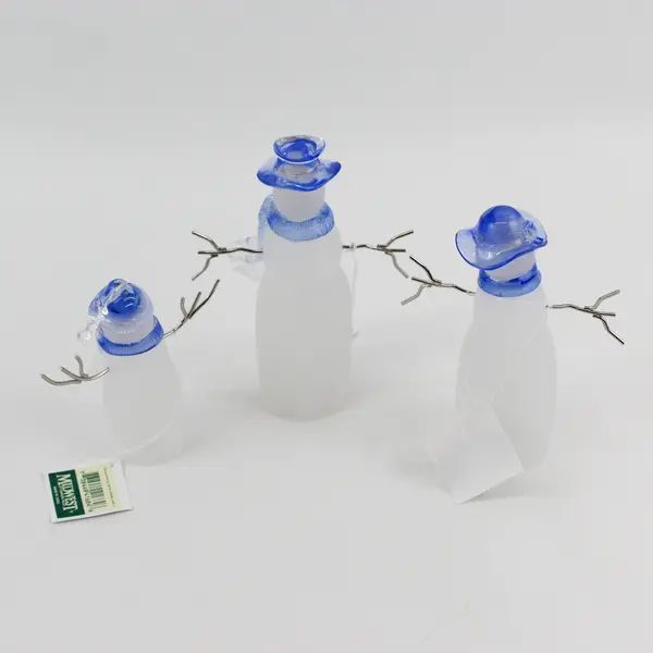 3 Piece Midwest of Cannon Falls Frosted Glass Snowman Family Blue Hats  Scarves
