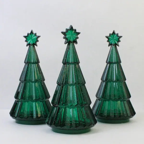 Lot of 3 Vintage Green Plastic Glitter Christmas Tree Jars 8.75in