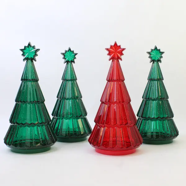 Lot of 4 Vintage Plastic Glitter Christmas Tree Jars 3 Green 1 Red 8.75in