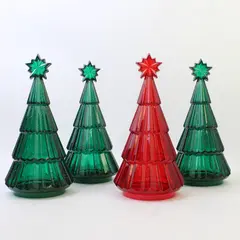 Lot of 4 Vintage Plastic Glitter Christmas Tree Jars 3 Green 1 Red 8.75in