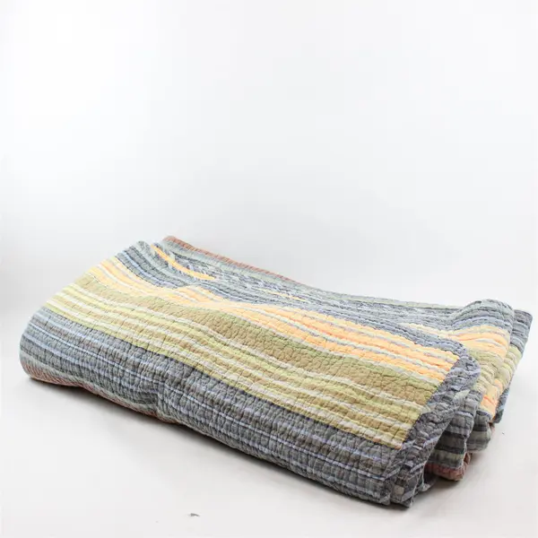 Unbranded Gray Blue Orange Striped Bedspread 100% Cotton King Size 119" x 118"