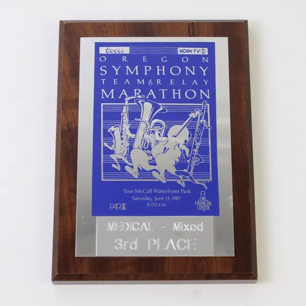 Vintage 1987 Oregon Symphony Team Relay Marathon 3rd Place Trophy Plaque 
