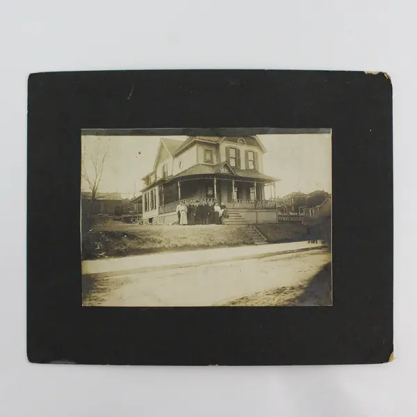 Antique Early 1900s Group Mounted Photo In Front Of Victorian Home Midwest