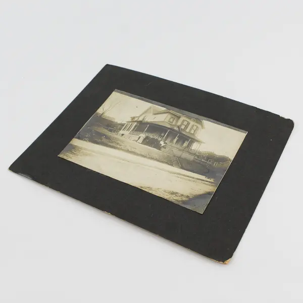 Antique Early 1900s Group Mounted Photo In Front Of Victorian Home Midwest