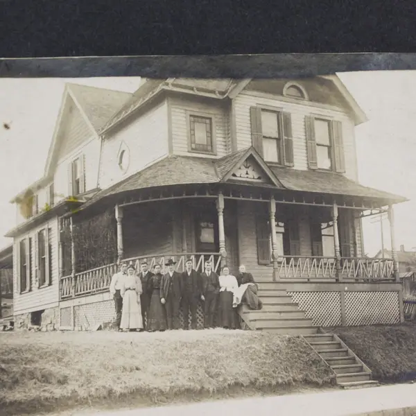 Antique Early 1900s Group Mounted Photo In Front Of Victorian Home Midwest