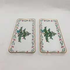 Set of 2 Vintage Crystal Halber-Glass Serving Trays Gold Trim Painted Holiday