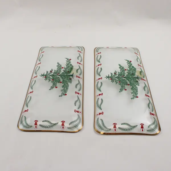 Set of 2 Vintage Crystal Halber-Glass Serving Trays Gold Trim Painted Holiday