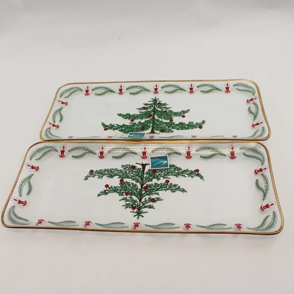 Set of 2 Vintage Crystal Halber-Glass Serving Trays Gold Trim Painted Holiday