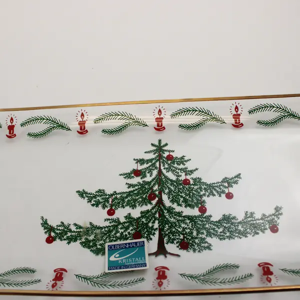 Set of 2 Vintage Crystal Halber-Glass Serving Trays Gold Trim Painted Holiday