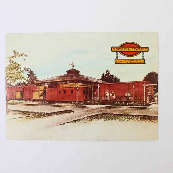 Vintage Victoria Station Restaurant Postcard Railroad Cars