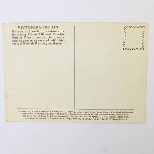 Vintage Victoria Station Restaurant Postcard Railroad Cars