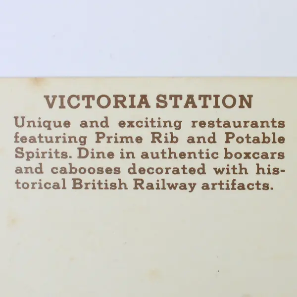 Vintage Victoria Station Restaurant Postcard Railroad Cars