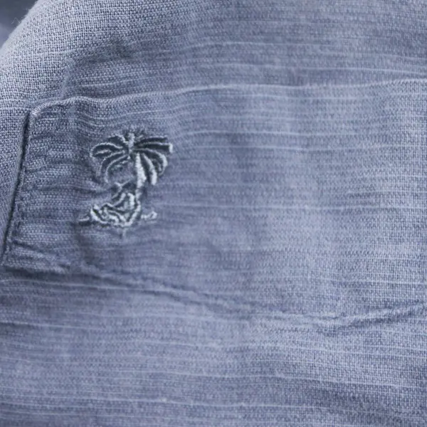 Solitude Men's L Blue Palm Linen/Cotton Blend Short Sleeve Button Down Shirt