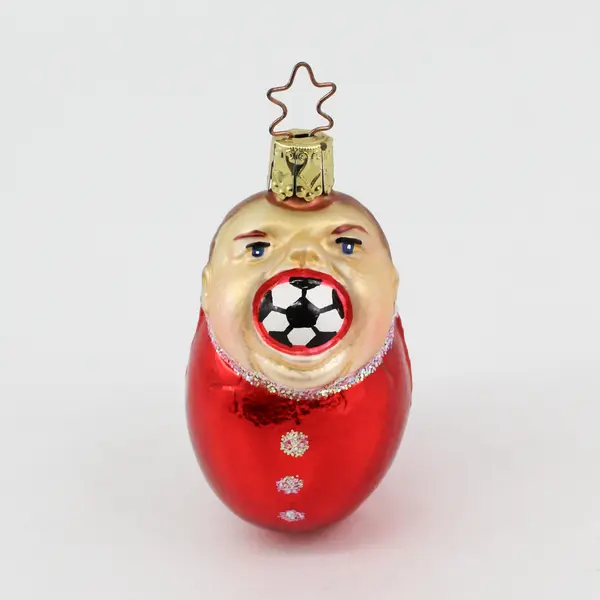 VTG Mouth-Blown Glass Hand-Painted Ornament Baby Holding Soccer Ball in Mouth 3"