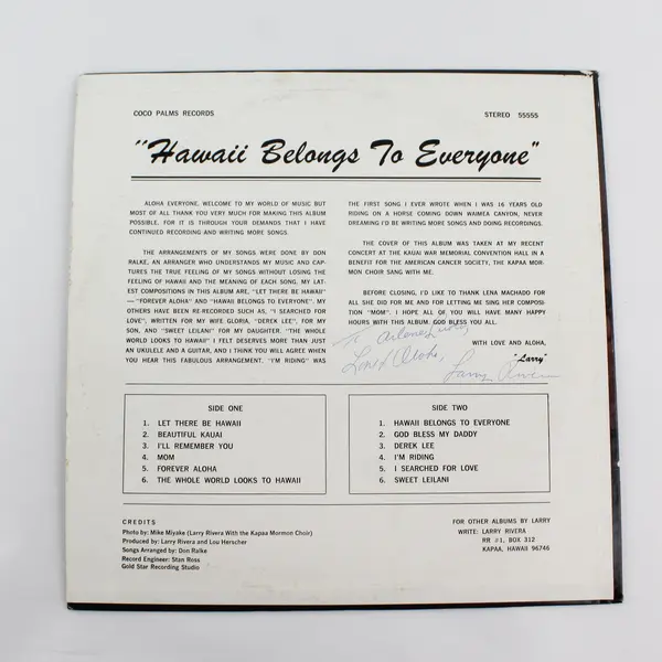 LARRY RIVERA Hawaii Belongs to Everyone 12" Vinyl Record