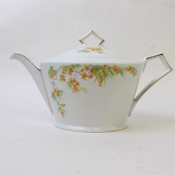 Unbranded Czechoslovakian White W/ Yellow Floral Ceramic Tea Pot Gold Trim 6"