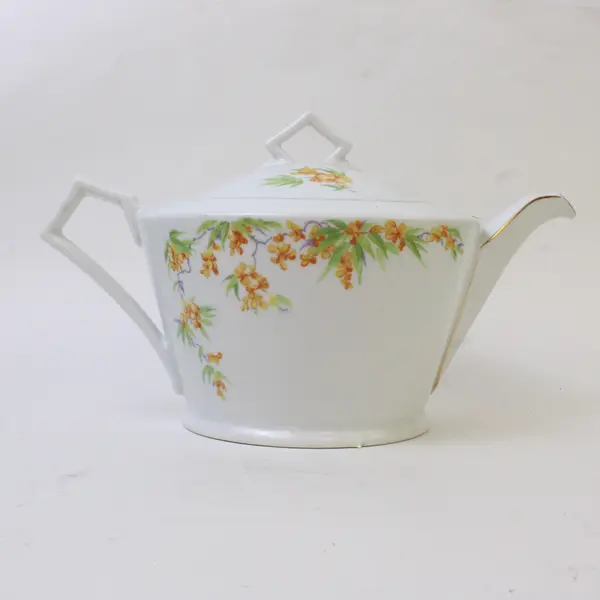 Unbranded Czechoslovakian White W/ Yellow Floral Ceramic Tea Pot Gold Trim 6"