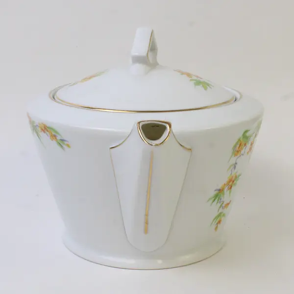 Unbranded Czechoslovakian White W/ Yellow Floral Ceramic Tea Pot Gold Trim 6"